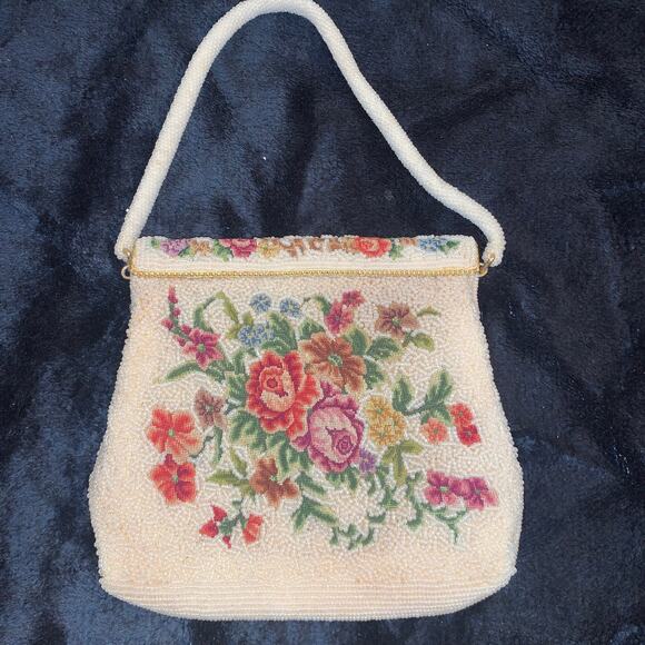 VINTAGE 50's 60's Glass BEADED PETIT POINT BAG PURSE COTTAGECORE - Picture 1 of 10